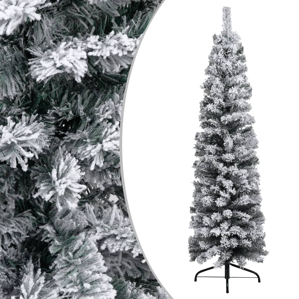 vidaXL Kapea tekojoulukuusi lumihuurteella vihreä 150 cm PVC