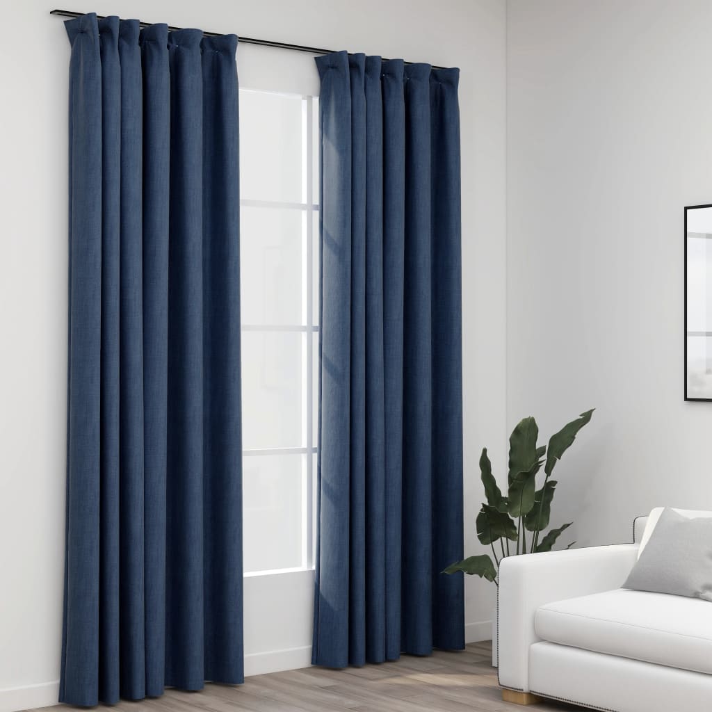 vidaXL Pellavamaiset pimennysverhot koukuilla 2 kpl sininen 140x225 cm