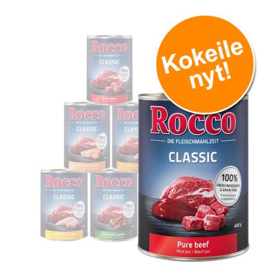 Rocco-kokeilupakkaus 6 x 400 g, monta makua - oheen: 3 kpl purkinkansia (ei sis. ruokaa)