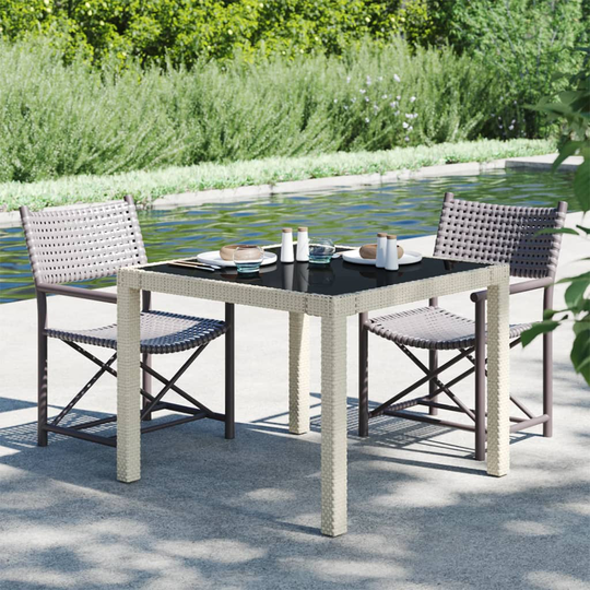 vidaXL Puutarhapöytä 90x90x75 cm karkaistu lasi ja polyrottinki beige