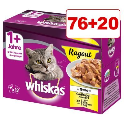96 x 85g/100 g Whiskas Pouches: 76 + 20 kaupan päälle! - Senior 7+ kala- ja lihavalikoima kastikkeessa (96 x 100 g)
