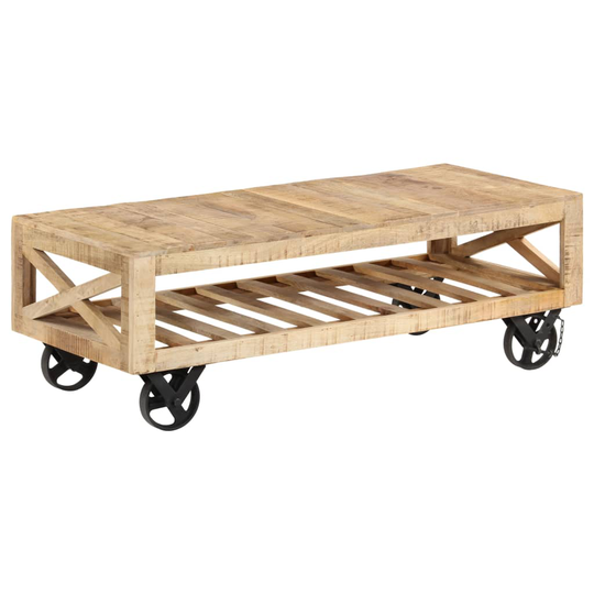 vidaXL Sohvapöytä pyörillä kiinteä mangopuu 110x50x37 cm