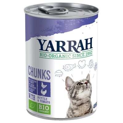 Yarrah Organic Chunks 6 x 405 g - luomukana, luomunaudanliha, luomunokkonen & luomutomaatti