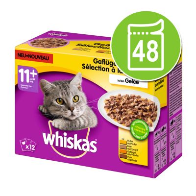Whiskas 11+ -säästöpakkaus 48 x 100 g - kalavalikoima hyytelössä