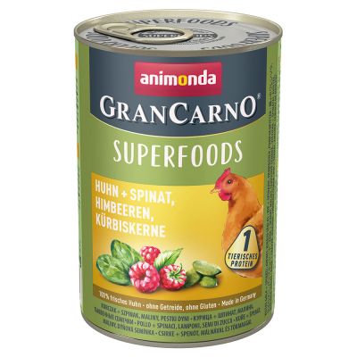Animonda GranCarno Adult Superfoods 6 x 400 g - kana + pinaatti, vadelma, kurpitsansiemenet