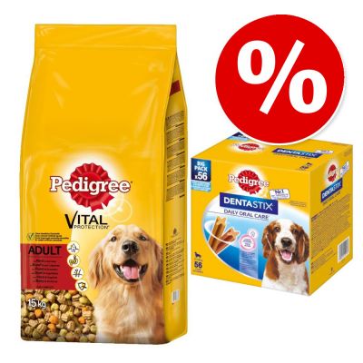13/15 kg Pedigree-koiranruoka + Dentastix 56 kpl keskikokoisille koirille erikoishintaan! - Adult Poultry + Dentastix 56 kpl keskikokoisille koirille (10-25 kg)
