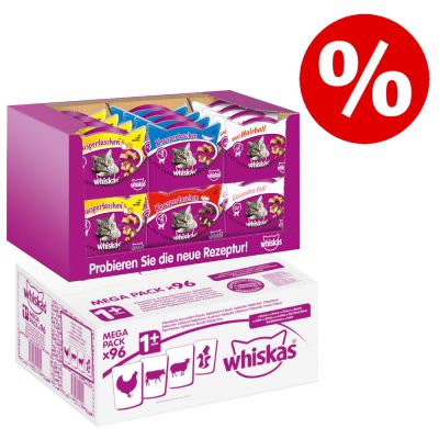Whiskas Adult Pouches 96 x 100 g + Whiskas Temptations XXL -lajitelma 24 x 60 g erikoishintaan! - 1+ perinteinen kastikevalikoima