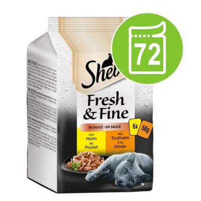 Sheba Fresh & Fine -säästöpakkaus 72 x 50 g - kana & kalkkuna kastikeessa