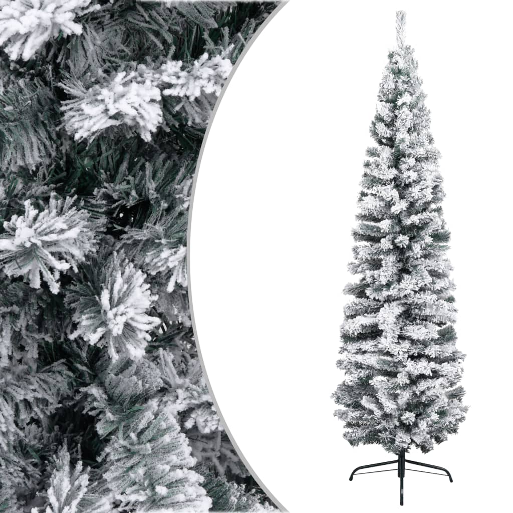 vidaXL Kapea tekojoulukuusi lumihuurteella vihreä 210 cm PVC