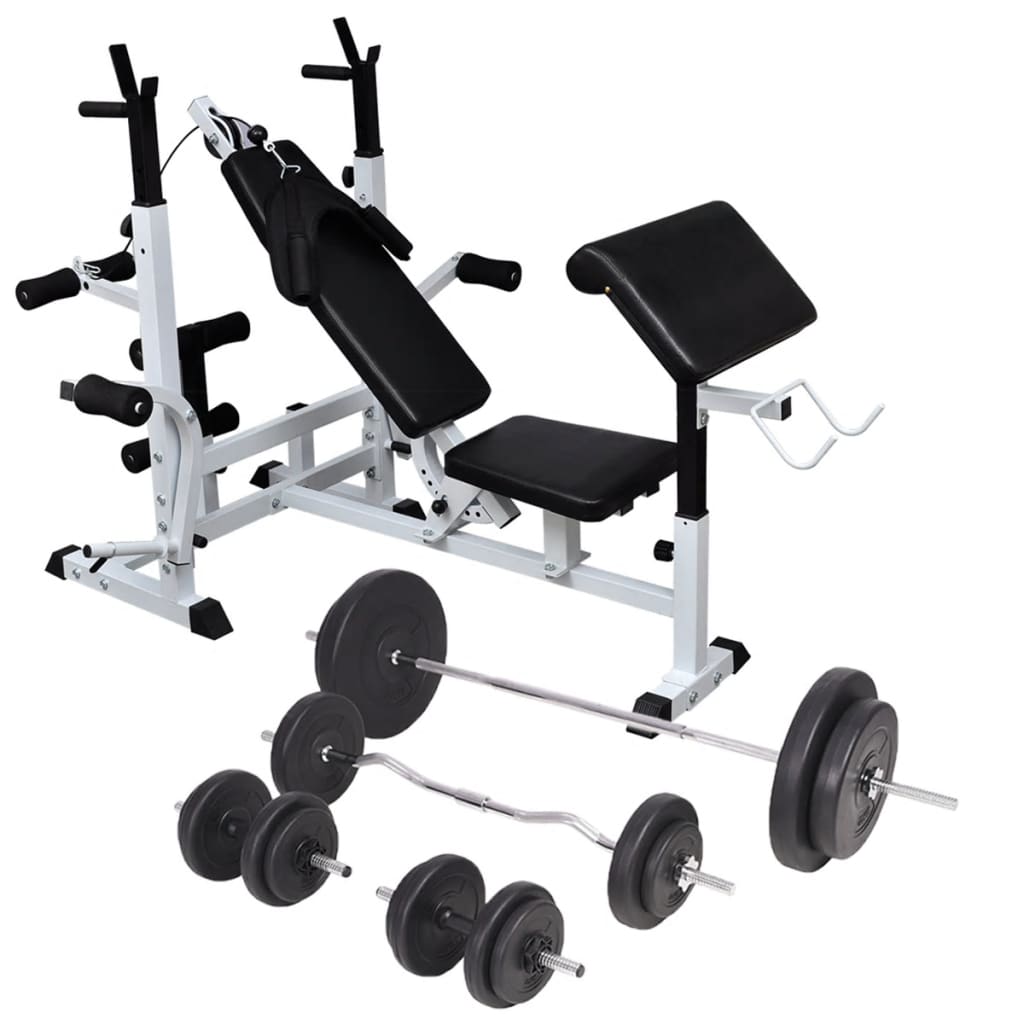 vidaXL Kuntopenkki painotangolla + levy- ja käsipainosarja 90 kg