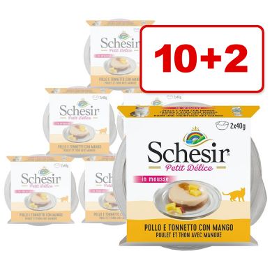 10 + 2 kaupan päälle! 12 x 40 g Schesir Petit Delice in Mousse - kana, tonnikala ja mango