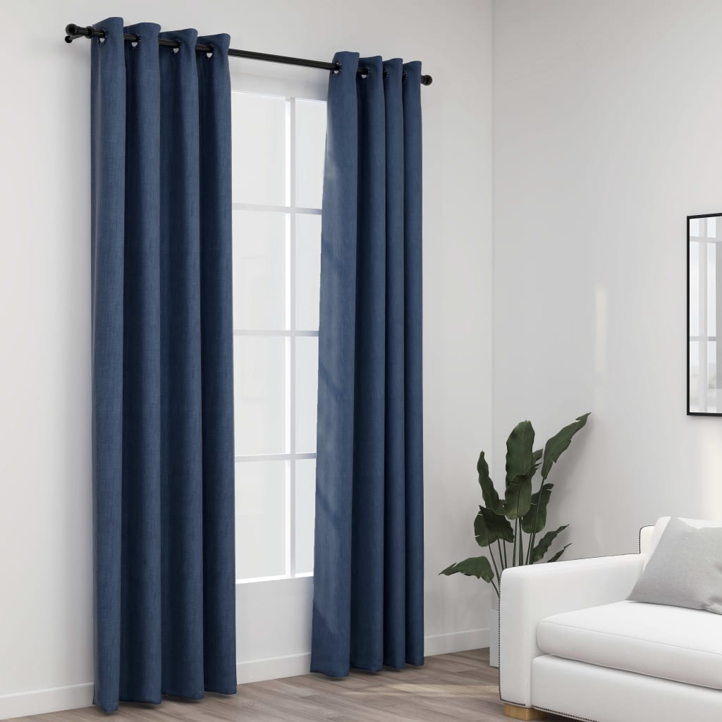 vidaXL Pellavamaiset pimennysverhot renkailla 2 kpl sininen 140x245 cm