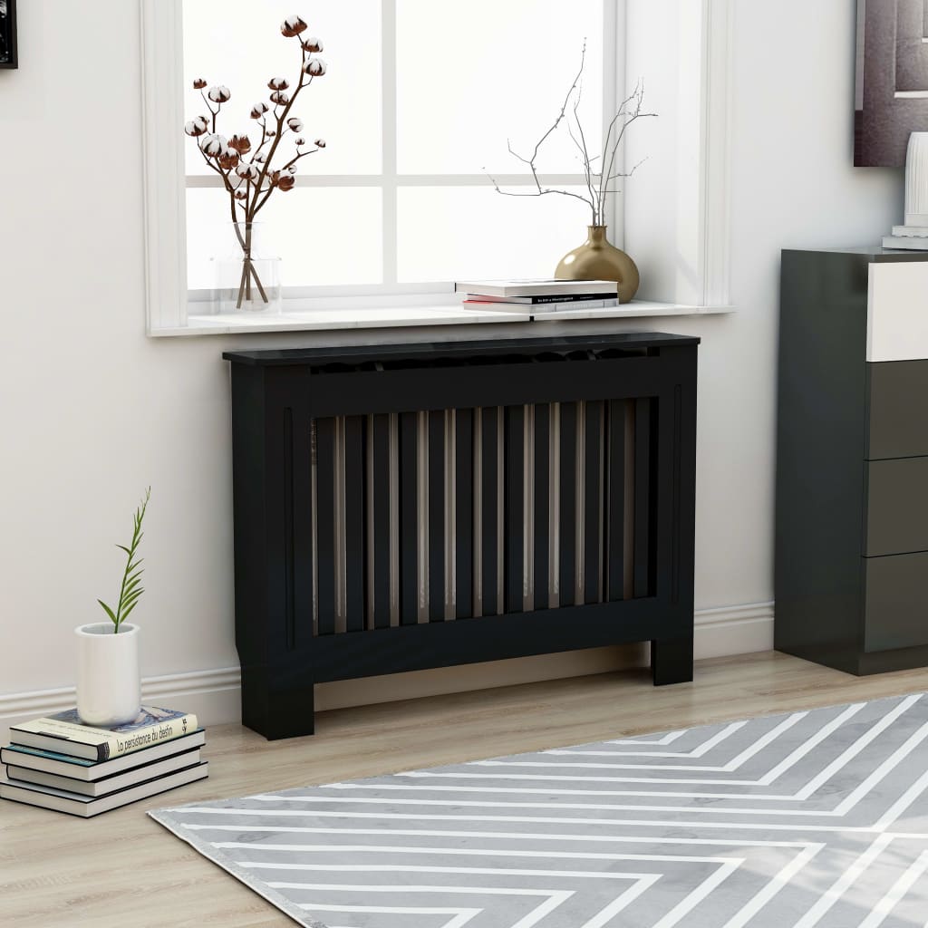 vidaXL Lämpöpatterin suoja musta 112x19x81 cm MDF