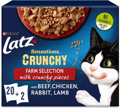 Latz "Sensations Crunchy" Pouches 20 x 85 g + 80 g topping - kana, nauta, kani, lammas