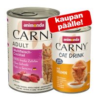 24 x 400 g Animonda Carny Adult + 140 ml Cat Drink - kana kaupan päälle! - kana, kalkkuna & kani