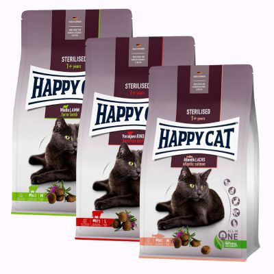 Happy Cat Sterilised Adult -yhteispakkaus 3 x 10 kg - Bavarian Beef, Atlantic Salmon & Farm Lamb