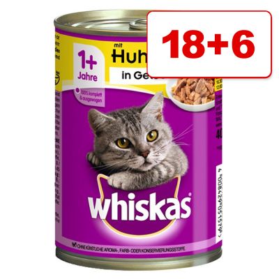 18 + 6 kaupan päälle! 24 x 400 g Whiskas-kissanruokaa - 1+ in Jelly, kana