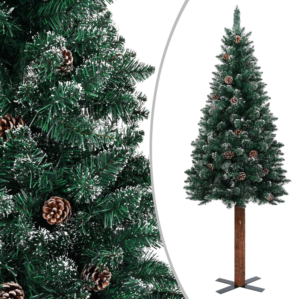 vidaXL Kapea joulukuusi aidolla puulla ja lumella vihreä 210 cm
