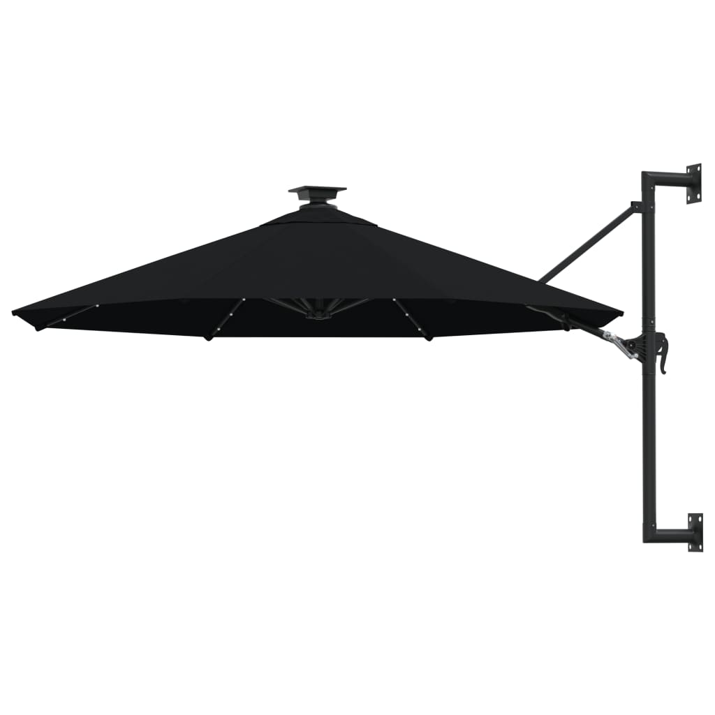 vidaXL Seinäkiinnitteinen aurinkovarjo LED ja tolppa 300 cm musta