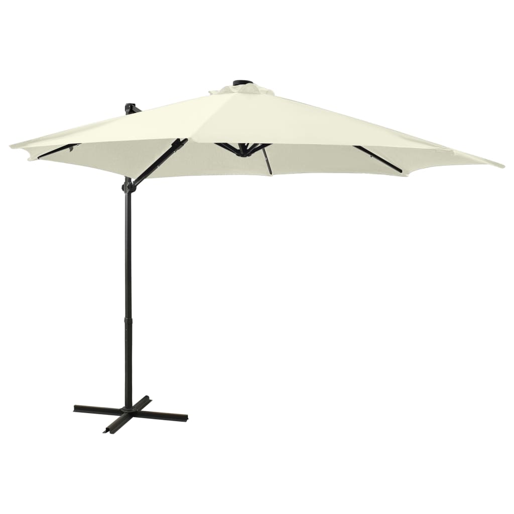 vidaXL Riippuva aurinkovarjo tangolla ja LED-valoilla hiekka 300 cm
