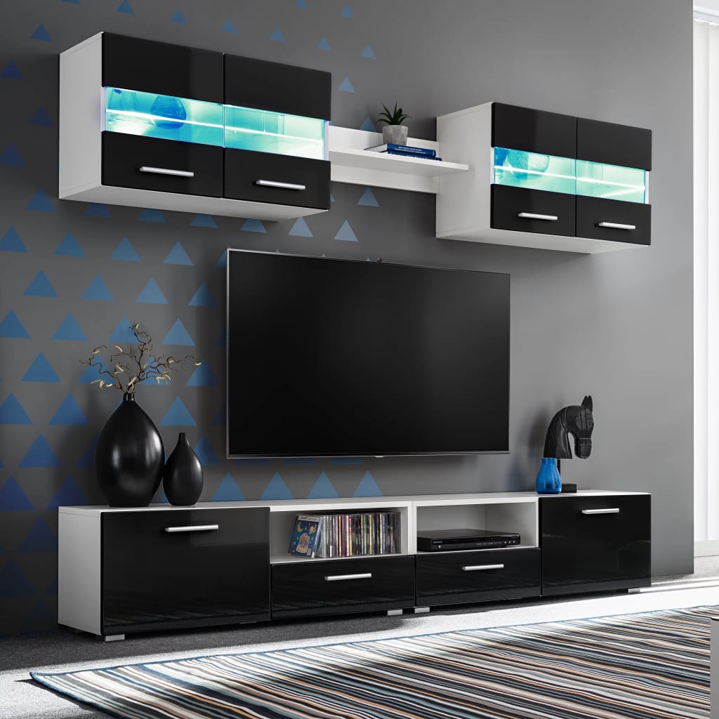 vidaXL TV-kalustekokonaisuus LED-valot 5 osaa korkeakiilto musta