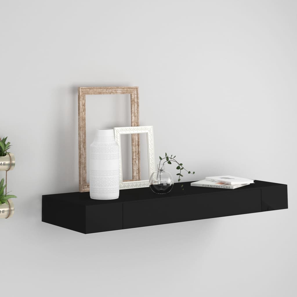 vidaXL Kelluva seinähylly vetolaatikolla musta 80x25x8 cm