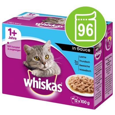 Säästöpakkaus: Whiskas 1+ Adult Pouches 96 x 85 g / 100 g - 96 x 100 g perinteinen kastikevalikoima