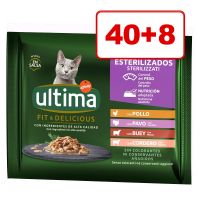 40 + 8 kaupan päälle! 48 x 85 g Ultima-kissanruoka - Sterilized: kana ja lohi