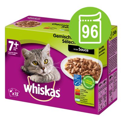 Whiskas 7+ Senior Pouches 96 x 100 / 85 g - 96 x 100 g kala- ja lihavalikoima kastikkeessa