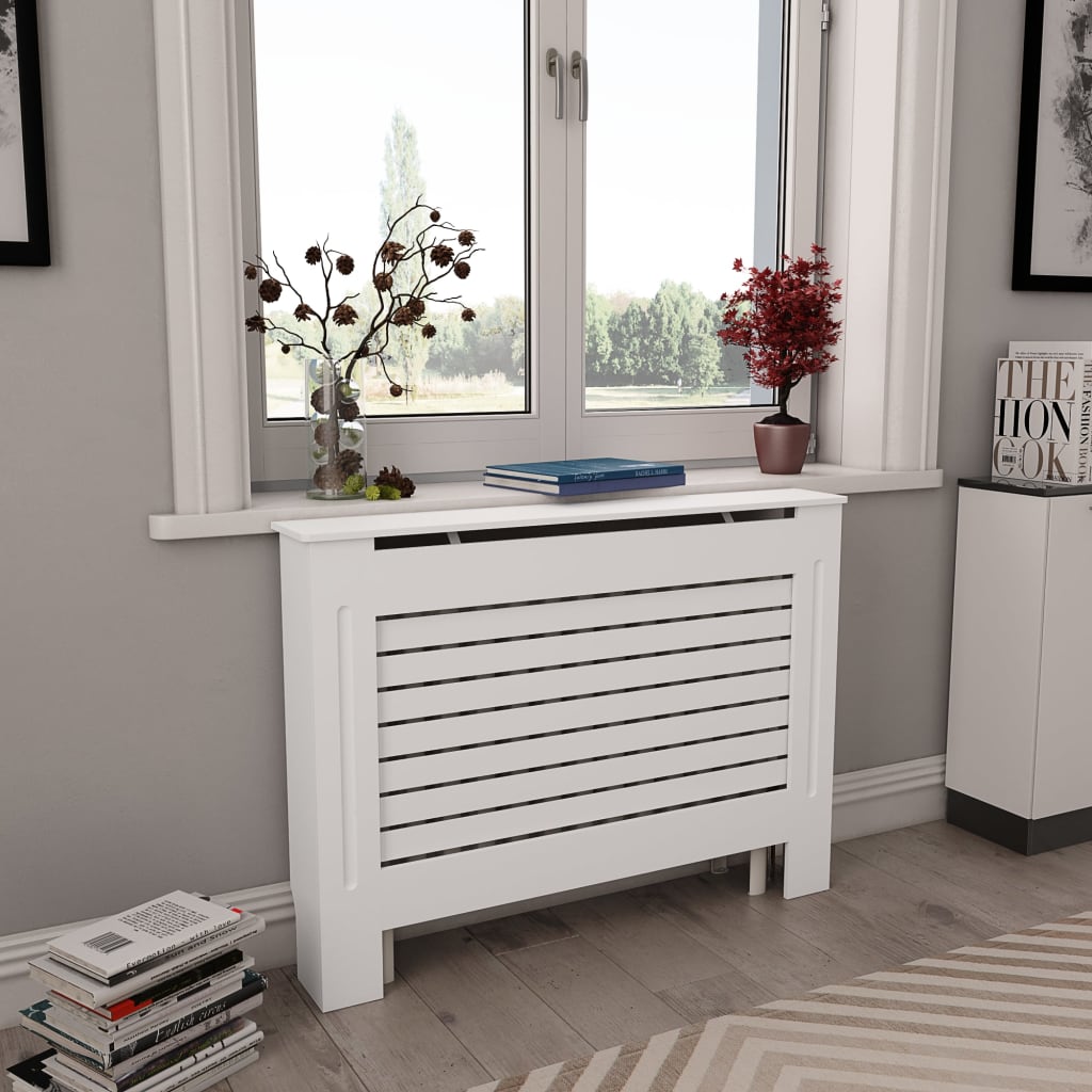 vidaXL Lämpöpatterin suoja MDF 112x19x81,5 cm valkoinen