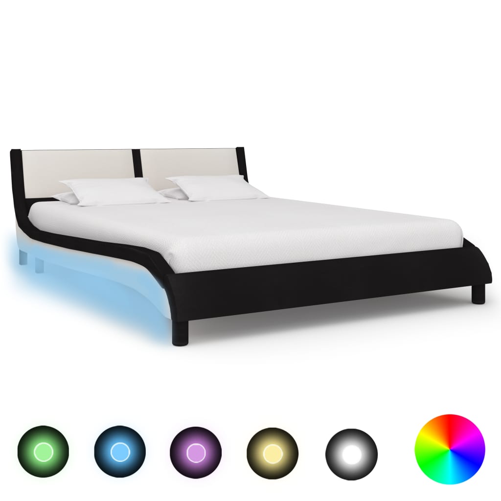 vidaXL Sängynrunko LED-valolla musta/valkoinen keinonahka 135x190 cm