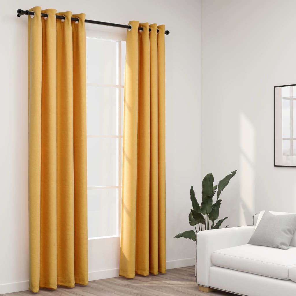 vidaXL Pellavamaiset pimennysverhot renkailla 2kpl keltainen 140x245cm