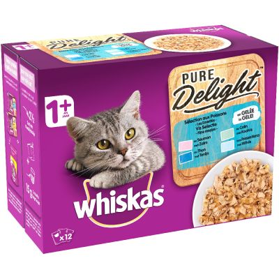 Whiskas 1+ Adult -annospussit 12 x 85 g - Pure Delight perinteinen valikoima hyytelössä