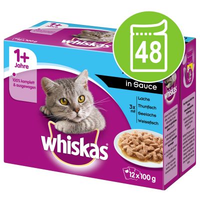 Säästöpakkaus: Whiskas 1+ Adult Pouches 48 x 85 g / 100 g - 48 x 100 g perinteinen kastikevalikoima