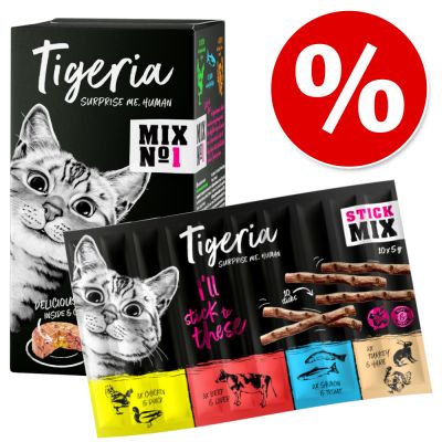 Kokeilupakkaus Tigeria märkäruoka 6 x 85 g + Tigeria Sticks -mix 10 x 5 g - kanaa lohiytimellä