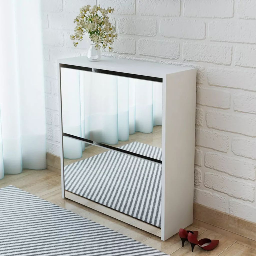 vidaXL Kenkäkaappi 2 kerrosta ja peilit Valkoinen 63x17x67 cm
