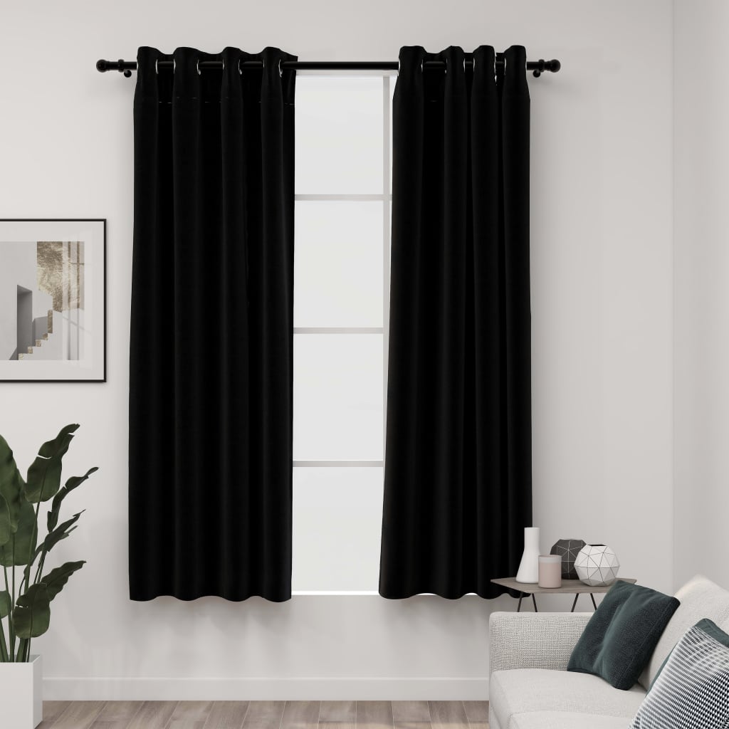 vidaXL Pellavamaiset pimennysverhot renkailla 2 kpl musta 140x175 cm