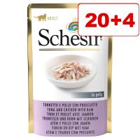 20 + 4 kaupan päälle! 24 x 85 g Schesir Jelly Pouch -kissanruoka - kanafile & kinkku