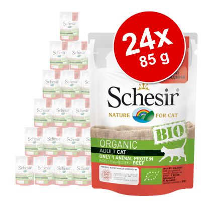 Schesir Organic Pouch 24 x 85 g - Sterilised luomukana, luomusika ja luomukurpitsa