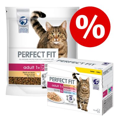 5 x 1,4 kg Perfect Fit -kuivaruokaa + 48 x 85 g -märkäruokamix erikoishintaan! - Adult 1+ Rich in Chicken