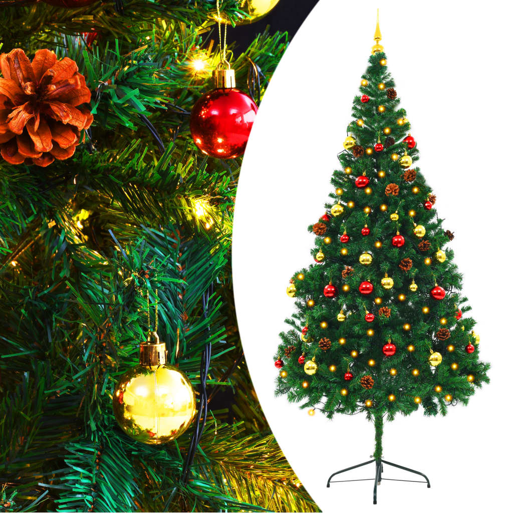 vidaXL Tekojoulukuusi koristeilla ja LED-valoilla vihreä 210 cm