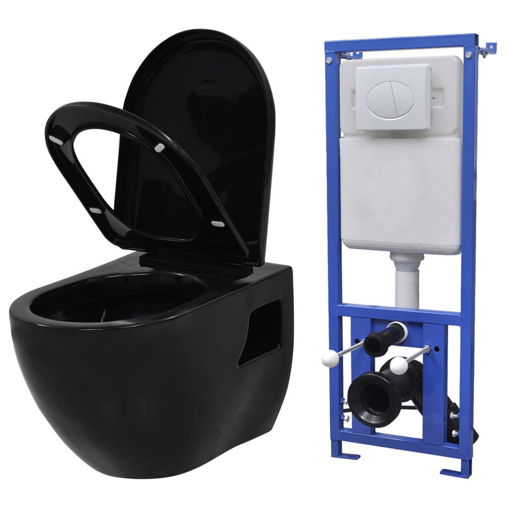vidaXL Seinään kiinnitettävä WC piilotettu säiliö keraaminen musta
