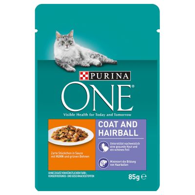 Purina ONE Coat & Hairball - kana & vihreät pavut (12 x 85 g)
