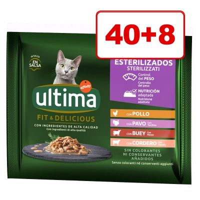 40 + 8 kaupan päälle! 48 x 85 g Ultima-kissanruoka - Sterilized: nauta ja tonnikala