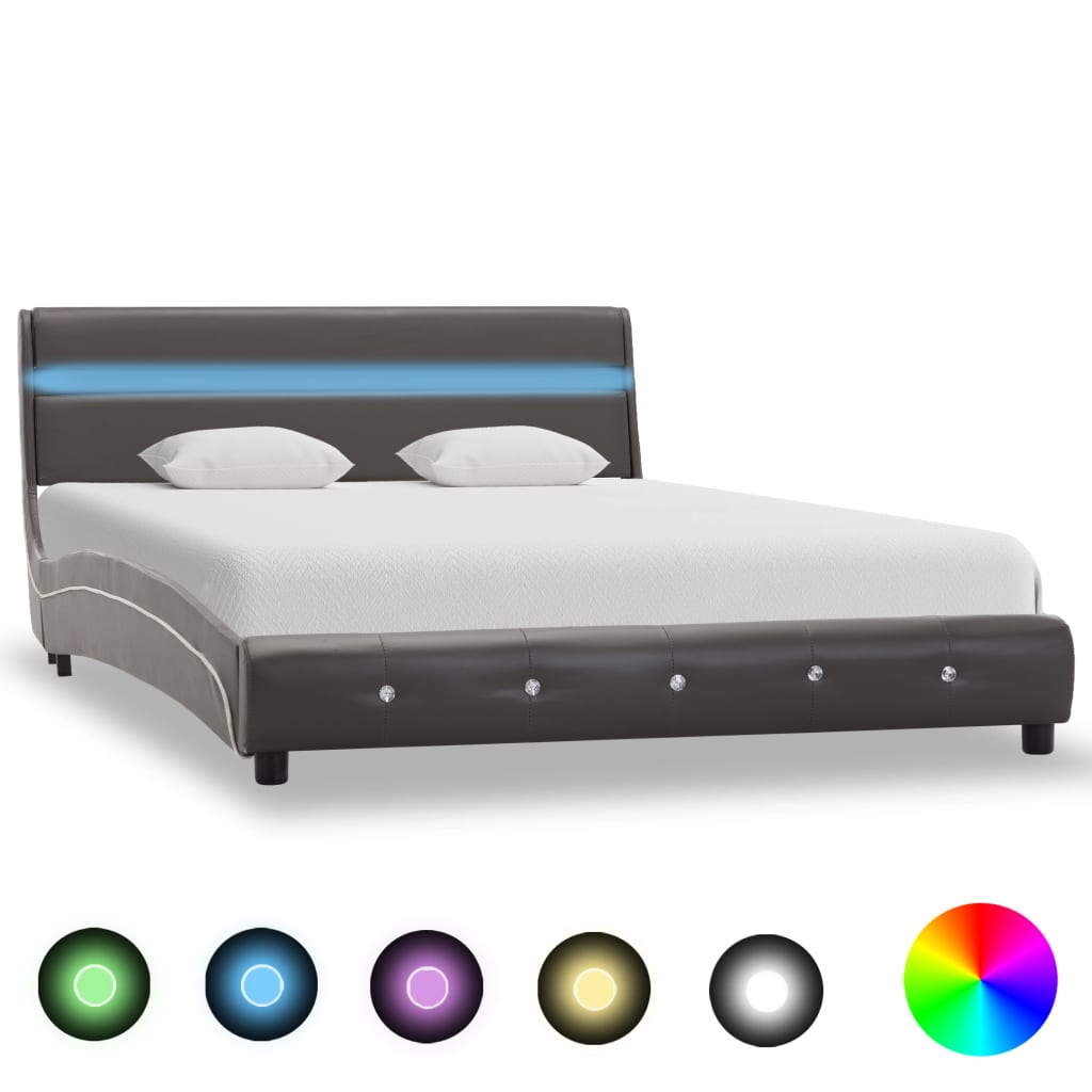 vidaXL Sängynrunko LED-valolla harmaa keinonahka 135x190 cm